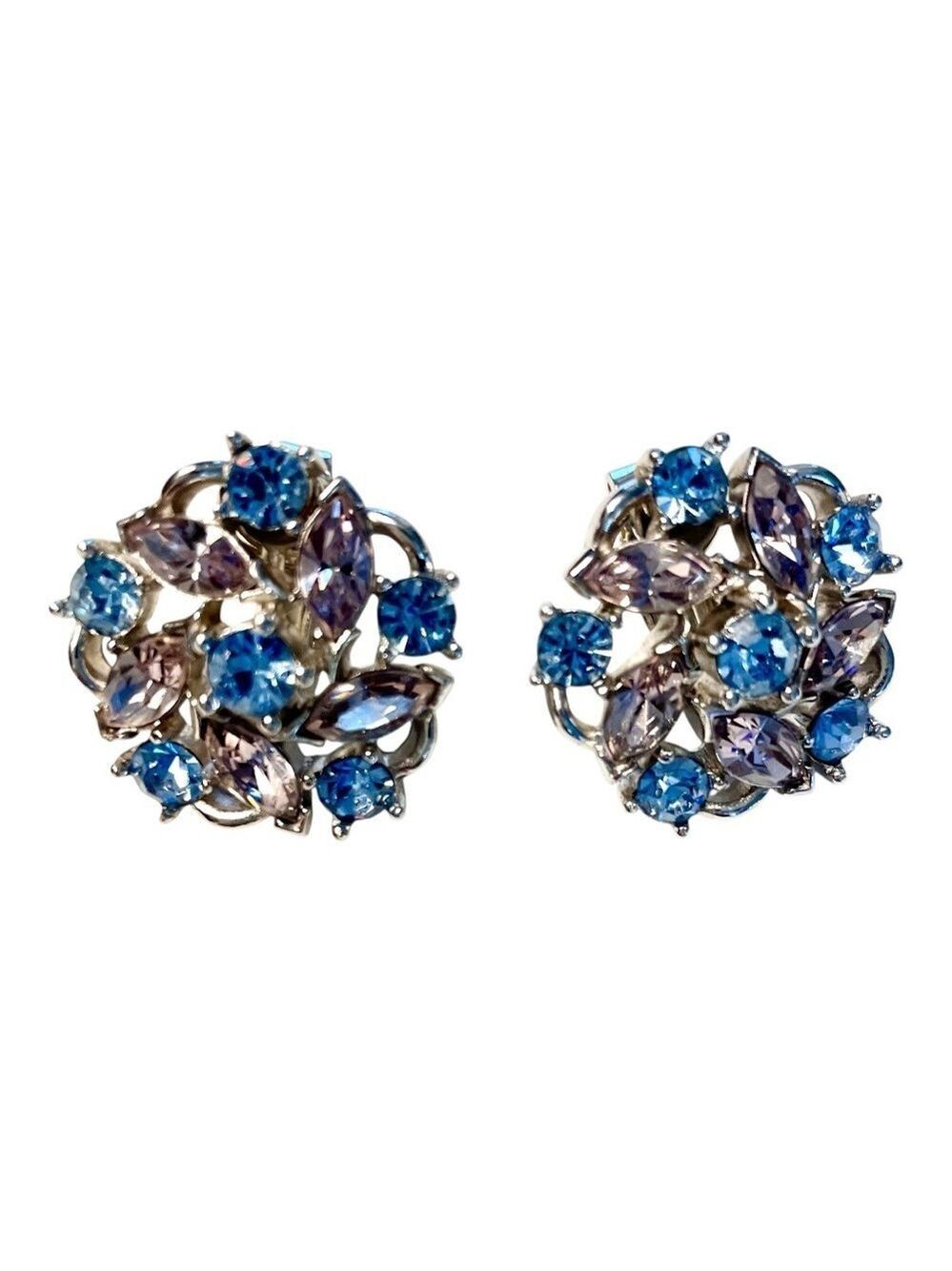 Vintage Trifari Sparkling Silver-Tone Blue & Clear Clip-On Earrings Bridal